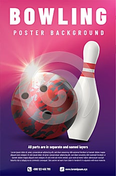 Bowling poster template with skittle and ball with shiny flash photo