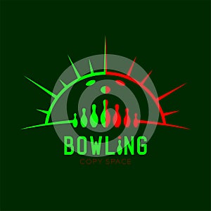 Bowling with radius frame and pins logo icon outline stroke set dash line design illustration