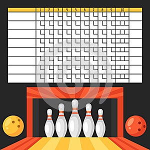 Bowling score sheet. Blank template scoreboard with game objects