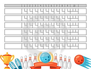 Bowling score sheet. Blank template scoreboard with game objects