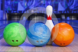 bowling pins and ball for play in bowling