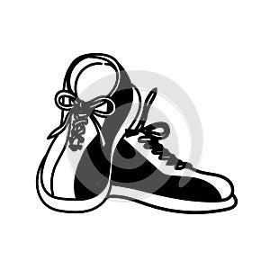 Bowling shoes, hand-drawn in doodle style. Sport. Game. Comfortable bowling shoes. Laces. Strike, win. Isolated element