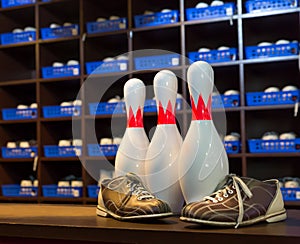 Bowling shoes and pins