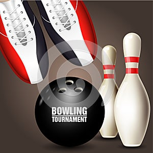 Bowling shoes, skittle and ball - bowling tournament invitation photo