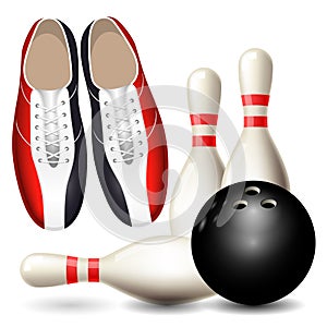 Bowling shoes, skittles and ball - bowling poster