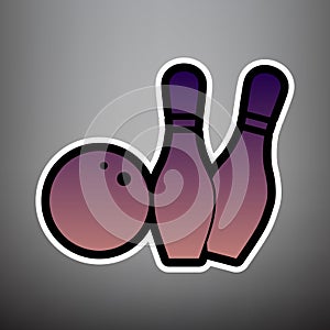Bowling sign illustration. Vector. Violet gradient icon with bla