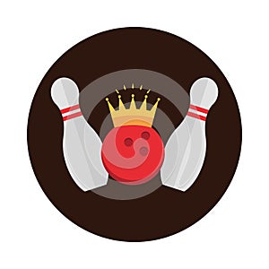 Bowling skittles ball with crown game recreational sport block flat icon design