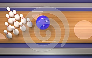 bowling skittles and bowling ball on lane 3d render