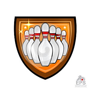 Bowling skittles in center of shield isolated on white. Sport logo for any team or championship