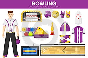 Bowling sport equipment bowler player garment accessory vector flat icons set