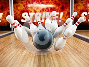 Bowling strike concept with rolling ball and pins. 3D illustration