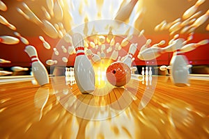 Bowling strike hit with fire explosion. Concept of success