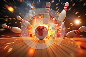 Bowling strike hit with fire explosion. Concept of success