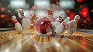 Bowling strike hit with fire explosion. Concept of success and win