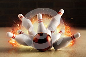 Bowling strike hit with fire explosion. Minimal concept of success and win