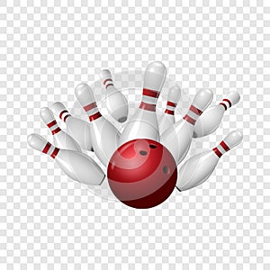 Bowling strike icon, realistic style