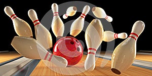 Bowling strike pins and bowling ball on the track. 3D render