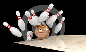 Bowling strike, scattered skittle and bowling ball on bowling lane with motion blur on bowling ball