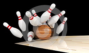 Bowling strike, scattered skittle and bowling ball on bowling lane with motion blur on bowling ball