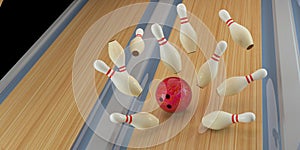 bowling strike. Skittles and bowling ball on the track