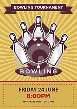 Bowling tournament or contest vector poster template