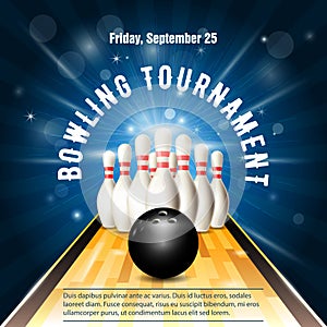 Bowling tournament flyer template with bowling court, skittles