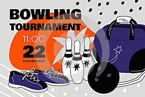 Bowling tournament invitational banner. Game competition event date. Team play. Bag for shoes. Ball and pins. Gaming