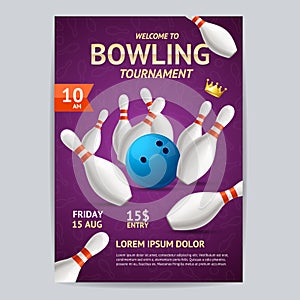 Bowling Tournament Poster Card Template. Vector