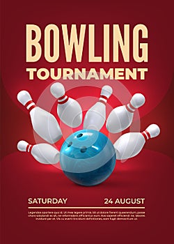 Bowling tournament. Realistic 3D sport tournament elements with skittles and bowling ball. Vector poster template