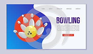 Bowling web vector template illustration. Ball crashing into the white glossy skittles. Sport bowling theme website or