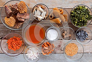 Bowls of African food and Nigerian soup ingredients