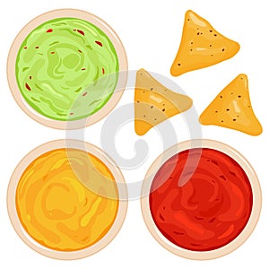 Bowls of avocado guacamole dip, tomato and cheese salsa sauce and nachos chips. Mexican food and tortillas. Vector illustration