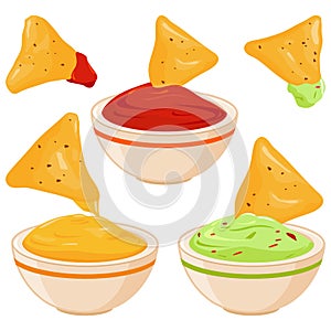 Bowls of Mexican avocado guacamole dip, tomato salsa, cheese sauce and tortilla nachos chips. Vector illustration photo