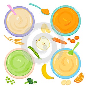 Bowls of baby and toddler food. Cereal, fruit and vegetable puree. Top view. Vector illustration collection