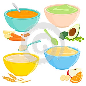 Bowls of baby and toddler food. Cereal, fruit and vegetable puree. Vector illustration collection