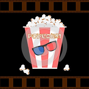 Bowls, box of popcorn with 3d glasses, filmstrip isolated on background. Movies, cinema theater, film concept. Vector flar design