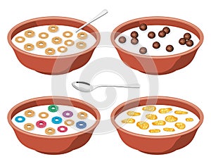 Bowls with breakfast cereal in milk, vector