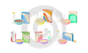 Bowls of Breakfast Cereal with Milk and Yogurt Vector Set