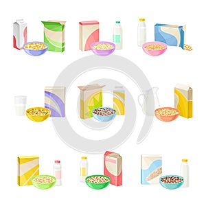 Bowls of Breakfast Cereal with Milk and Yogurt Vector Set