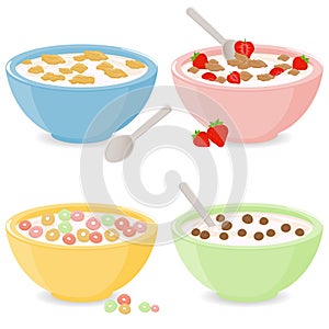 Bowls of breakfast cereal. Vector illustration
