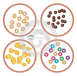 Bowls with breakfast wholegrain cereal in milk, vector photo