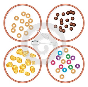 Bowls with breakfast wholegrain cereal in milk, vector