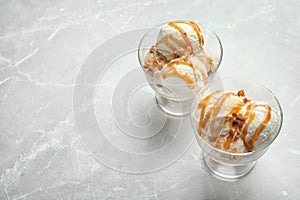 Bowls with caramel ice cream