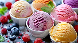 Bowls with colourful ice cream with mint, blueberry and raspberry