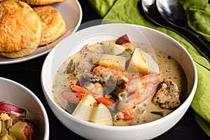 Bowls of Creamy Chicken Stew Served with Biscuits