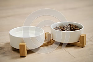 Bowls of dog food and water on kitchen floor