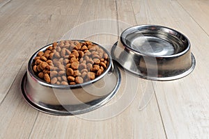 Bowls with dog food and water photo