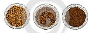 Bowls with instant freeze-dried, granulated and ground coffee