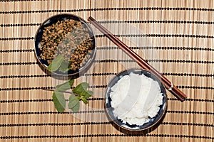 Bowls with larp, a traditional food from Laos