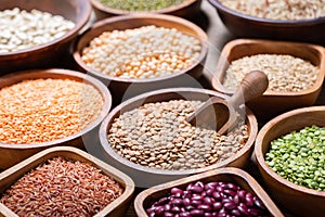 Bowls of legumes, lentils, chickpeas, beans, rice and cereals